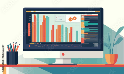 Colorful Data Visualization on Computer Screen with Bar Charts and Analytics Tools