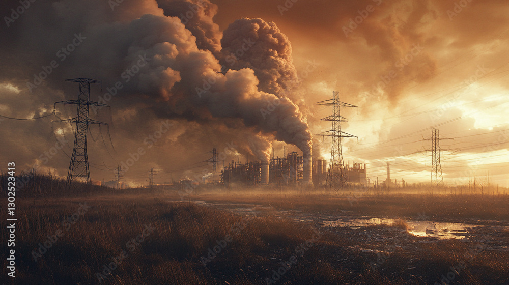 A scene of heavy industrial pollution as dark smoke billows from a factory, An aerial view of a factory with smoke plumes billowing into the orange sunset sky. A scene of heavy industrial pollution as dark smoke billows from a factory, An aerial view of a factory with smoke plumes billowing into the orange sunset sky.