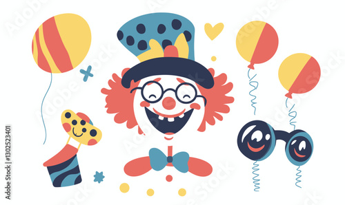 Playful April Fools Day Clown and Balloons Minimalist Vector Illustration
