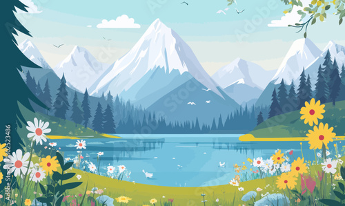 Scenic Mountain Landscape with Lake and Wildflowers in Minimalist Vector Art