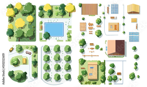 Minimalist Cityscape Top View with Trees, Houses, Roads, and Furniture Vector Illustration