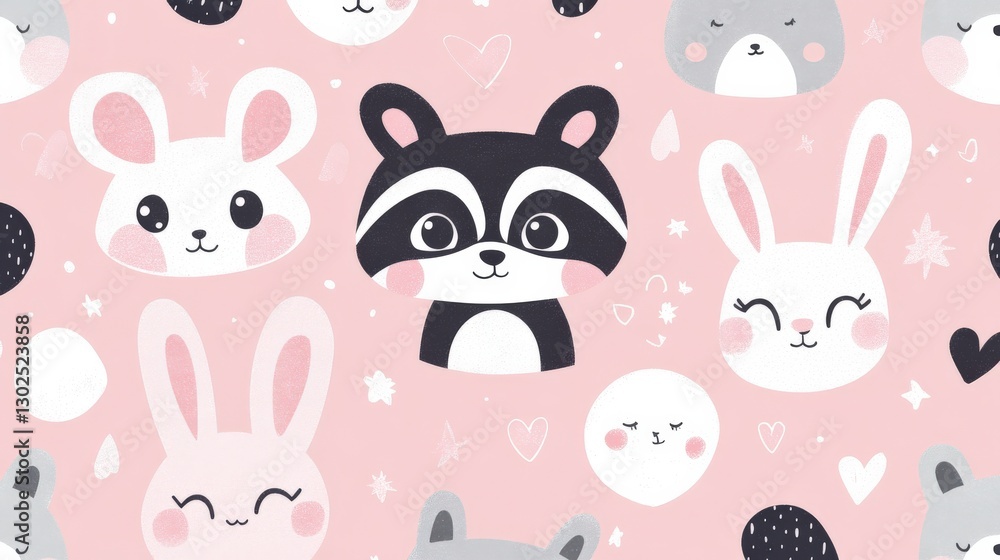 Fototapeta premium Cute Cartoon Animals on Pink Background for Children’s Decor and Textiles