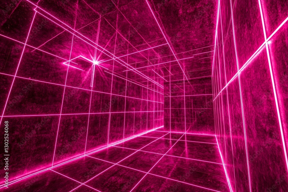 Obraz premium Neon Grid: A vibrant pink neon grid illuminates a stark, minimalist interior space. Intricate lines of light create a hypnotic, abstract pattern.
