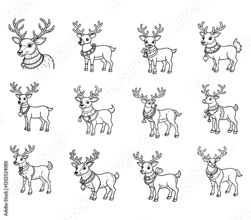 Hand-drawn christmas reindeer characters in whimsical style black vector