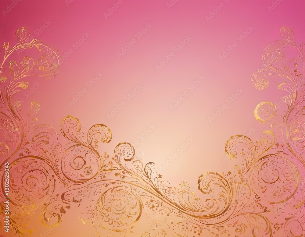 Elegant floral swirls in gold against a soft pink gradient background. Elegant floral swirls in gold against a soft pink gradient background.