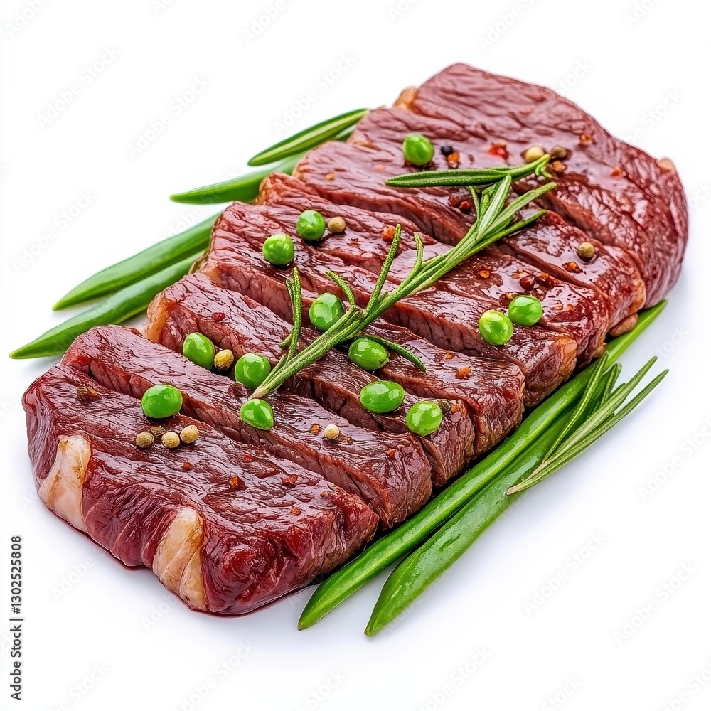 Sliced Grilled Steak with Green Beans and Peas Garnish Sliced Grilled Steak with Green Beans and Peas Garnish