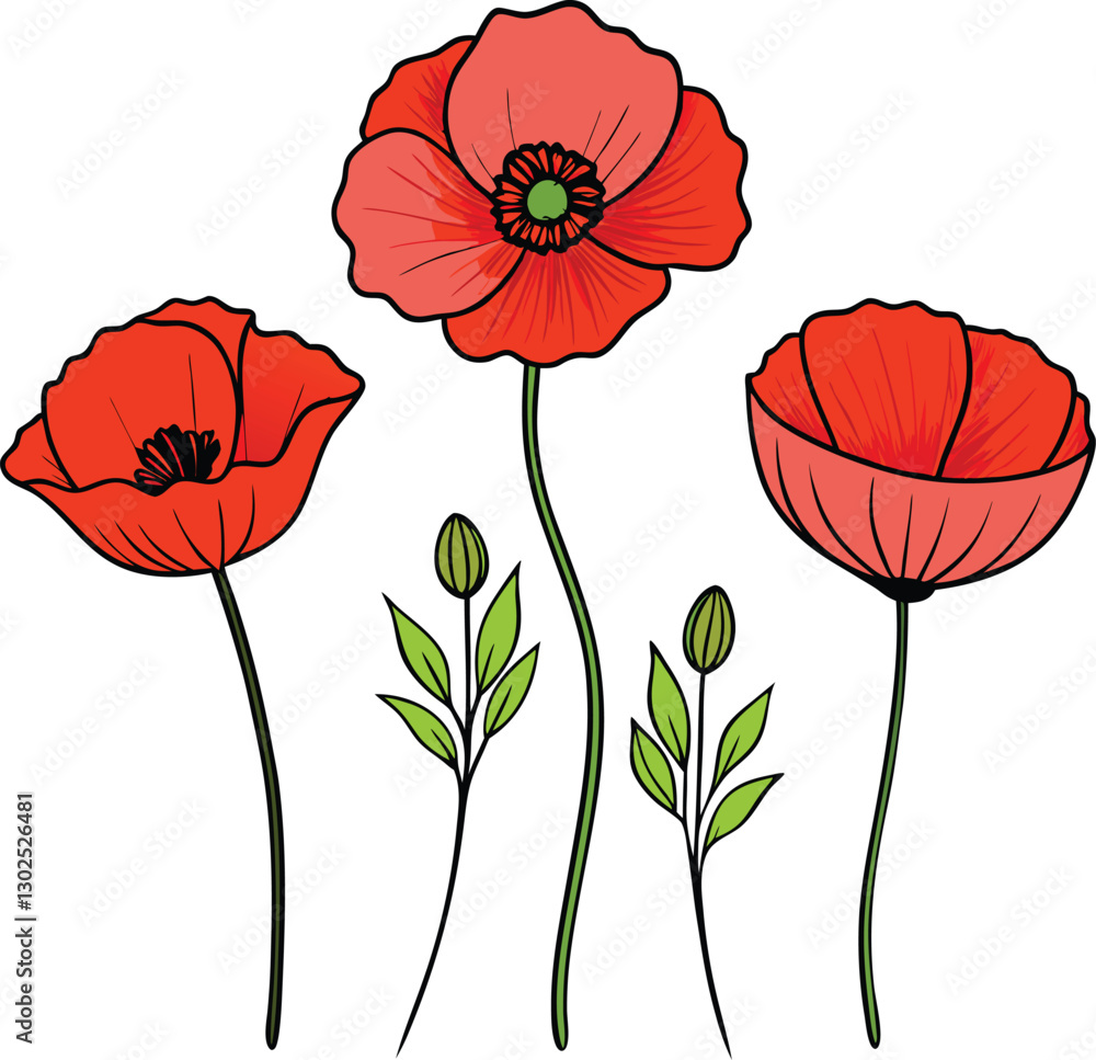 Obraz premium Vibrant Poppy Flower Vector Set Illustration Symbolizing Boldness and Natural Beauty