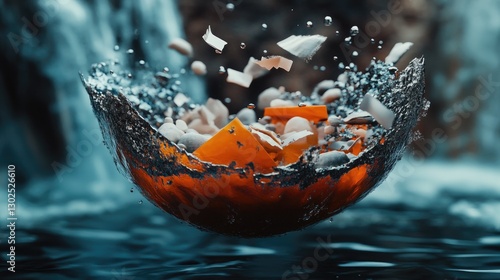 Dynamic composition with fragments, liquids and diverse geometric elements photo