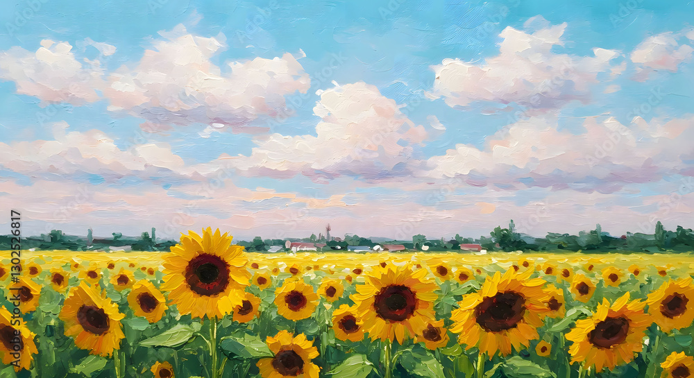 Fototapeta premium sunflower blooming field and blue sky