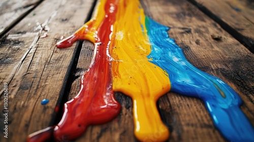 Vibrant Primary Colors Flowing Splendidly Across Weathered Wooden Boards photo