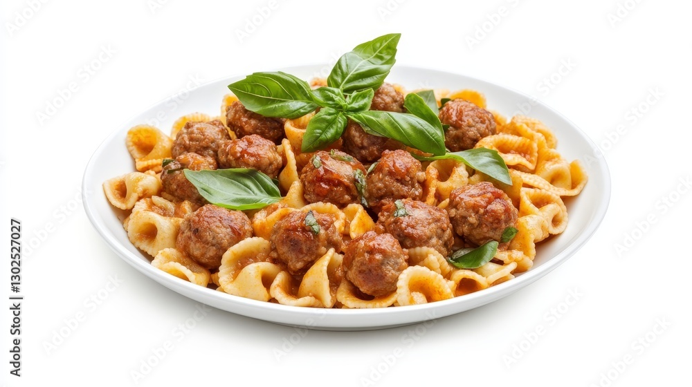 Delicious orecchiette pasta with savory beef meatballs and fresh basil garnish on white plate Delicious orecchiette pasta with savory beef meatballs and fresh basil garnish on white plate