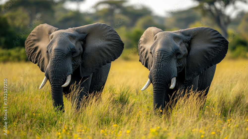 Fototapeta premium Elephants in grassy field, showcasing their large ears and tusks, embodying beauty of wildlife in natural habitat