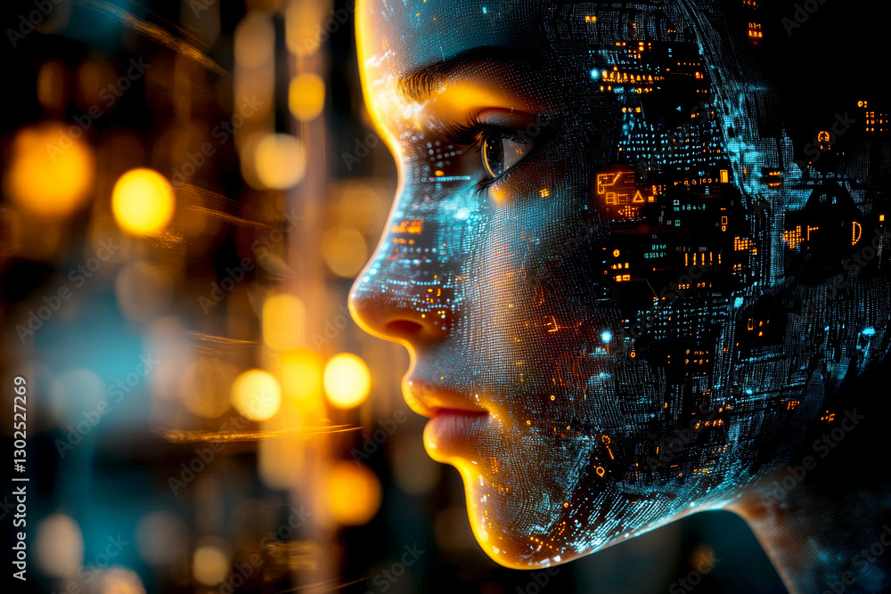 futuristic digital portrait of woman with glowing, circuit like pattern on her face, symbolizing technology and innovation. background features abstract lights and shapes futuristic digital portrait of woman with glowing, circuit like pattern on her face, symbolizing technology and innovation. background features abstract lights and shapes