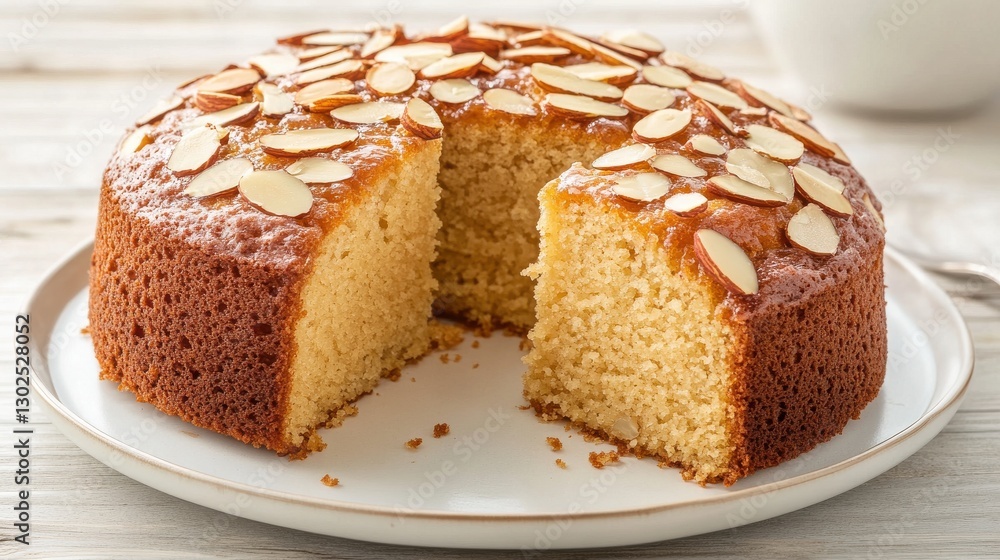 Delicious Moist Almond Cake with Sliced Almonds and Golden Glaze Delicious Moist Almond Cake with Sliced Almonds and Golden Glaze