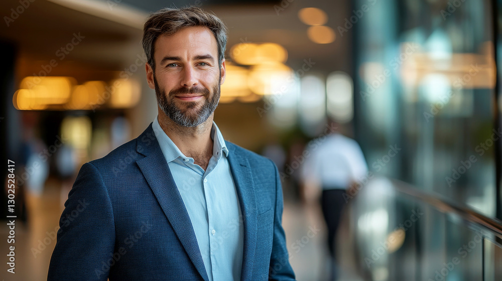 confident man in suit stands in modern office environment, smiling warmly. background features blurred figures and soft lighting, creating professional atmosphere confident man in suit stands in modern office environment, smiling warmly. background features blurred figures and soft lighting, creating professional atmosphere