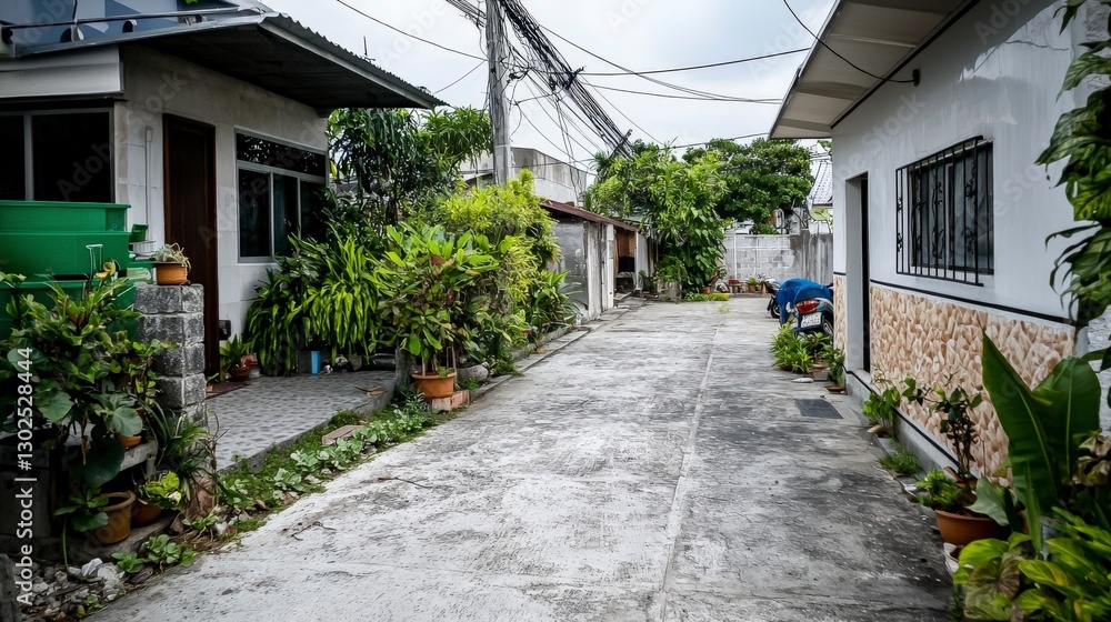 Obraz premium Exploring urban thailand a compact house in a crowded area architecture lush greenery street view modern living