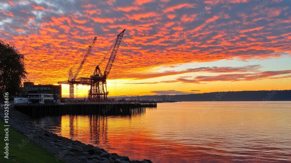 A dramatic sunset sky with the silhouette of a massive construction crane. A dramatic sunset sky with the silhouette of a massive construction crane.