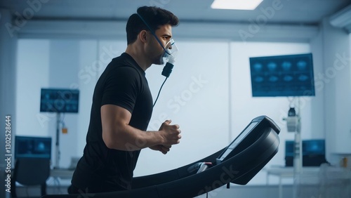 ahtlete wearing oxygen mask for treadmill exercise test in a laboratory