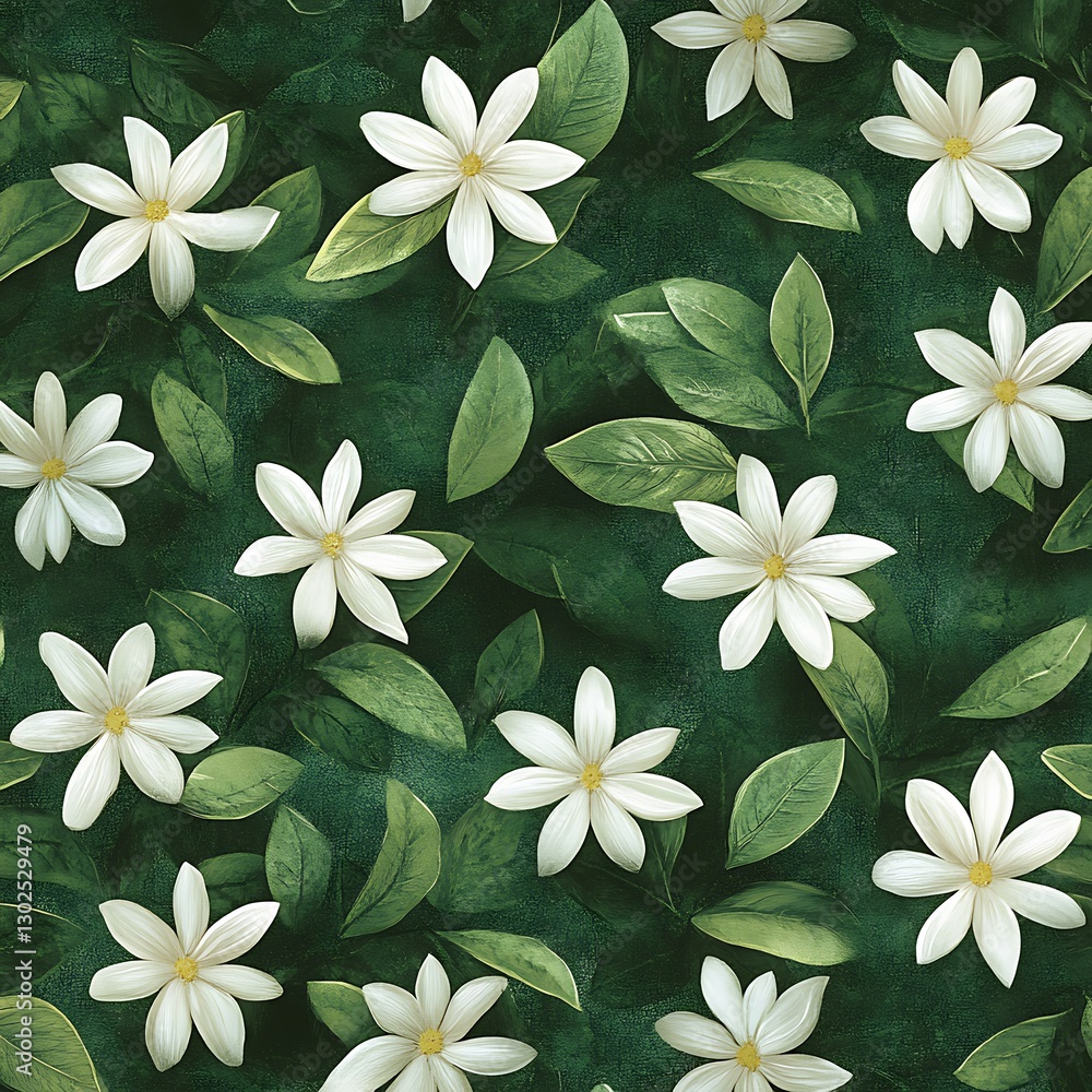 Obraz premium Elegant White Flowers Dark Green Leaves Botanical Pattern