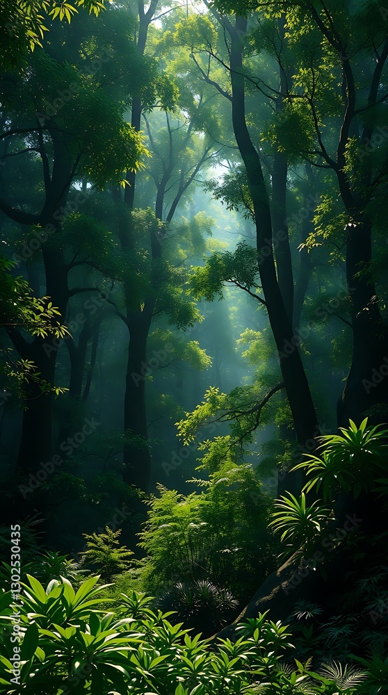 Fototapeta premium A Detailed Background Image Depicting A Dense Forest With Lush Green Foliage, Illuminated By Dappled Sunlight, Rendered In A Photorealistic Style, Using A High Dynamic Range To Captu.
