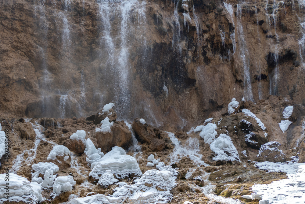 Pearl Shoal Waterfall in winter season, is a waterfall located in Jiuzhaigou, Sichuan Province, China, steam, cascade