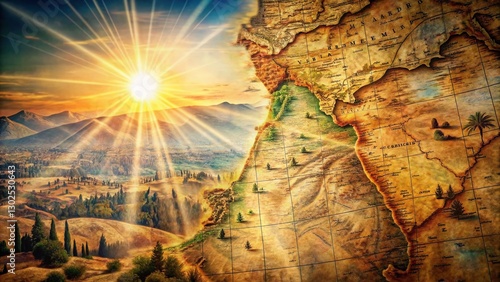 Double Exposure: Ancient Map of Judah & Israel Over Lush Landscape