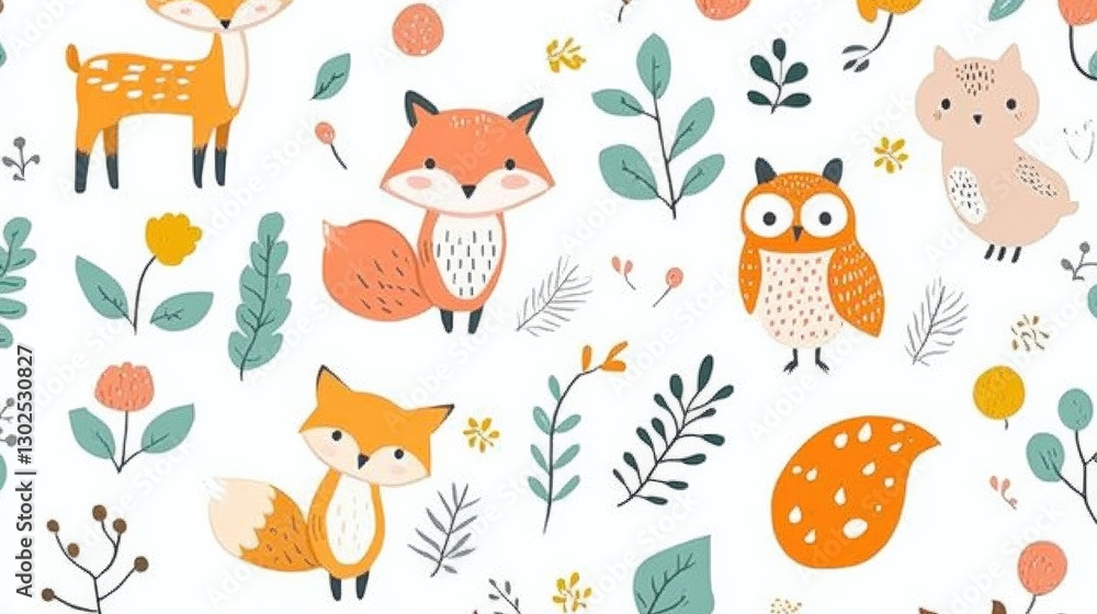 Cute woodland animal patterns with foxes, deer, owls, and colorful plants Cute woodland animal patterns with foxes, deer, owls, and colorful plants