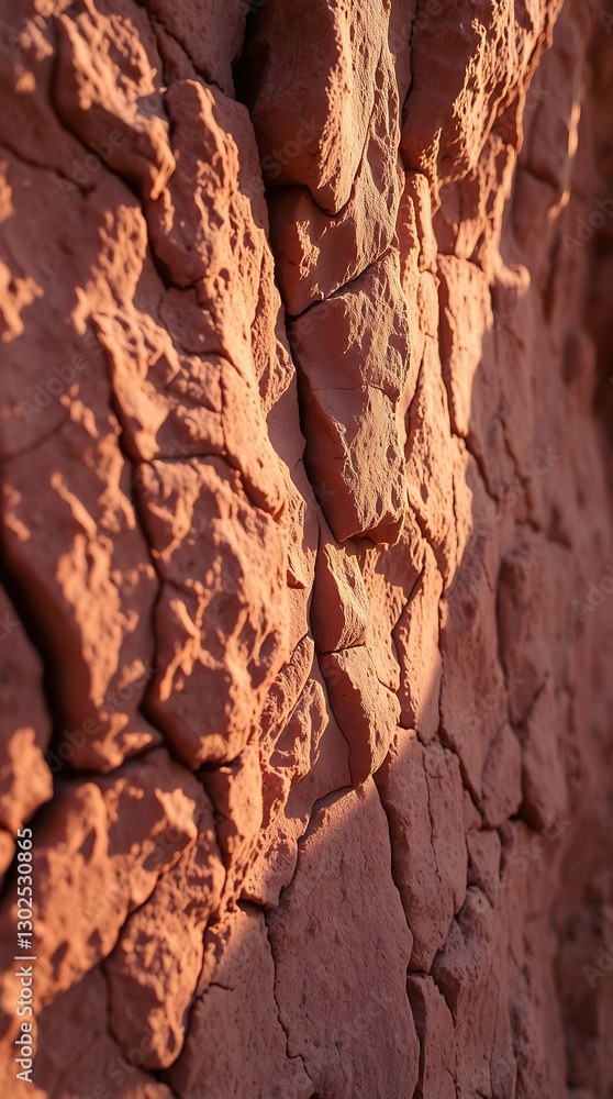 Obraz premium A Detailed Close-Up Of A Textured, Cracked, And Weathered Sandstone Cliff Face, Bathed In Warm Sunlight, Exhibiting A Diverse Palette Of Ochres, Browns, And Reds, With A Shallow Dept.