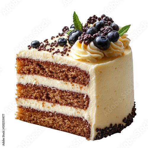 A delectable slice of layered cake topped with blueberries and mint, showcasing rich cream and chocolate sprinkles.