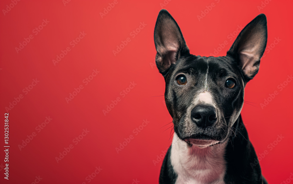 Obraz premium Miniature Bull Terrier dog on minimalistic colorful background with Copy Space. Perfect for banners, veterinary ads, pet food promotions, and minimalist designs.