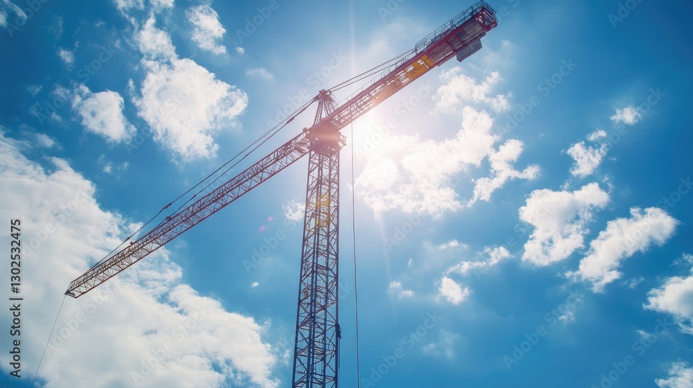 A massive crane extending into the sky with wind turbine blades in the background. A massive crane extending into the sky with wind turbine blades in the background.