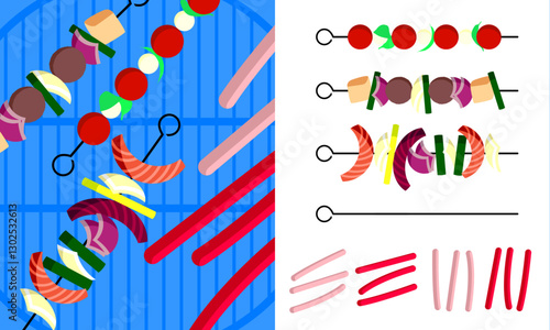 Barbecue. Vector illustration of assorted grilled skewers.
