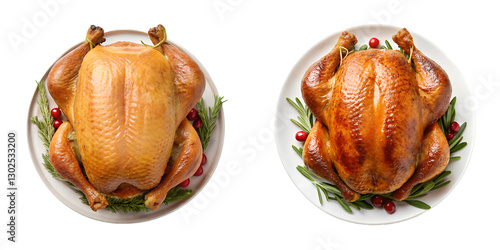 Two Different Style Roasted Turkey on the Plate, Tender Roasted Turkey, Classic Holiday Dish, PNG Transparent photo