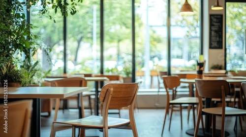 A modern yet earthy cafe with wooden chairs, green foliage, and a minimalist white backdrop, framed by large glass windows.