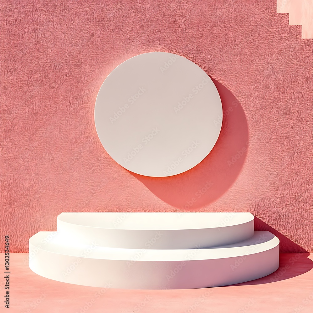 Minimalist Pink Wall Scene with White Circular Platform Minimalist Pink Wall Scene with White Circular Platform