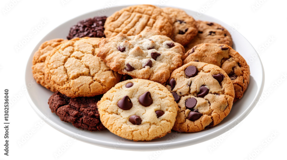 A plate of assorted cookies including peanut butter, chocolate chip, and shortbread, isolated on a transparent background, with each cookie showing its unique shape and texture A plate of assorted cookies including peanut butter, chocolate chip, and shortbread, isolated on a transparent background, with each cookie showing its unique shape and texture