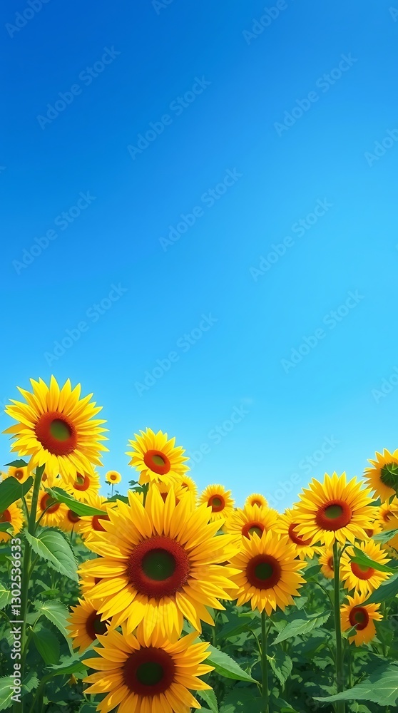 Fototapeta premium A Digital Wallpaper Of A Field Of Sunflowers In Full Bloom, Bright Yellow Petals Against A Clear Blue Sky, Bright And Sunny Day, Painterly Style, Visible Brushstrokes, Impressionisti.