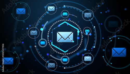 Digital email icons in a futuristic network design. 3D Rendering