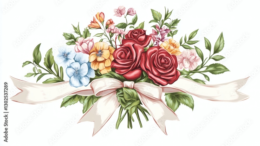 Fototapeta premium Colorful Floral Arrangement with Red Roses and Delicate Leaves
