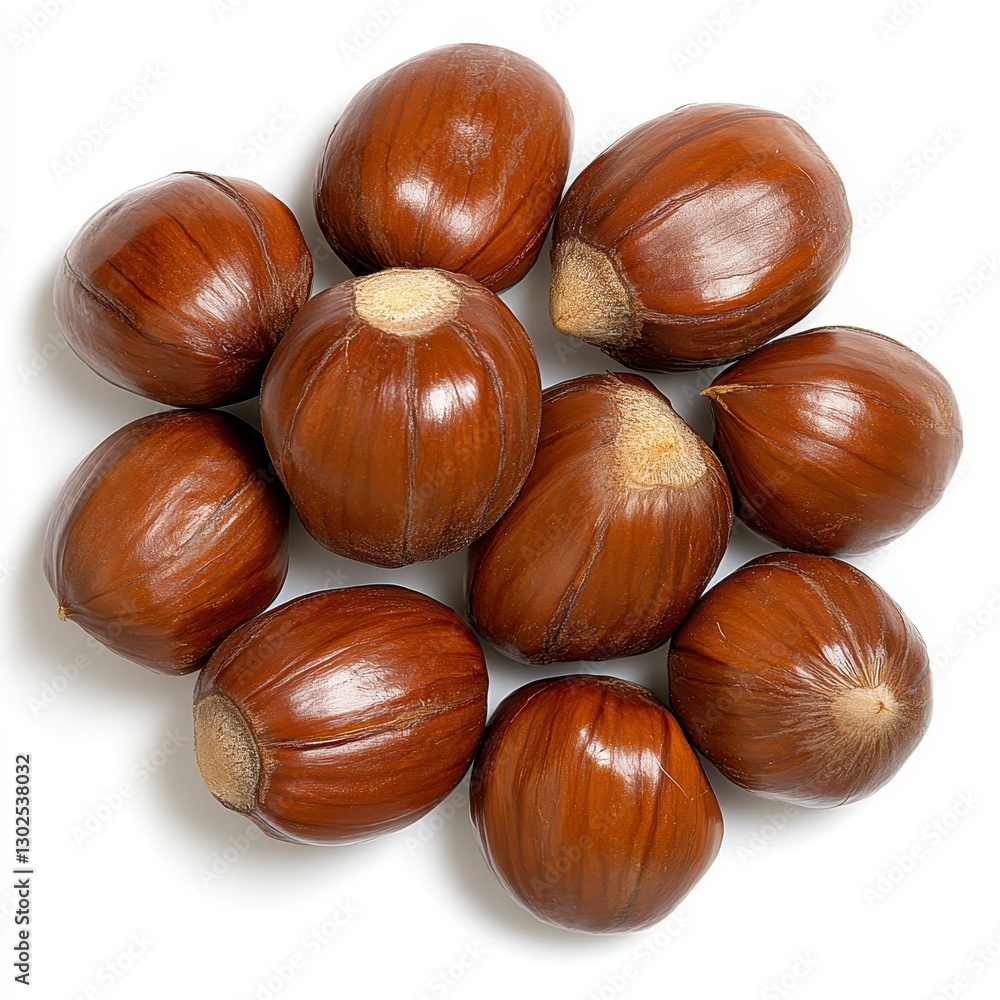 Ten Brown Nuts in Circular Pattern on White Background Ten Brown Nuts in Circular Pattern on White Background
