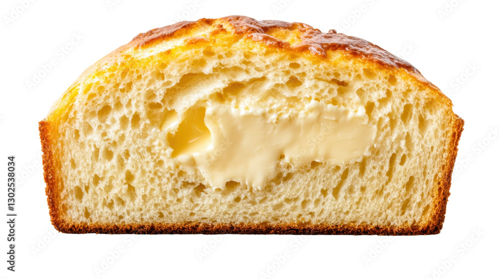 A fluffy slice of buttered brioche, with the butter visibly melting into the soft, golden crumb, isolated on a transparent background, highlighting the richness and texture of the bread. A fluffy slice of buttered brioche, with the butter visibly melting into the soft, golden crumb, isolated on a transparent background, highlighting the richness and texture of the bread.