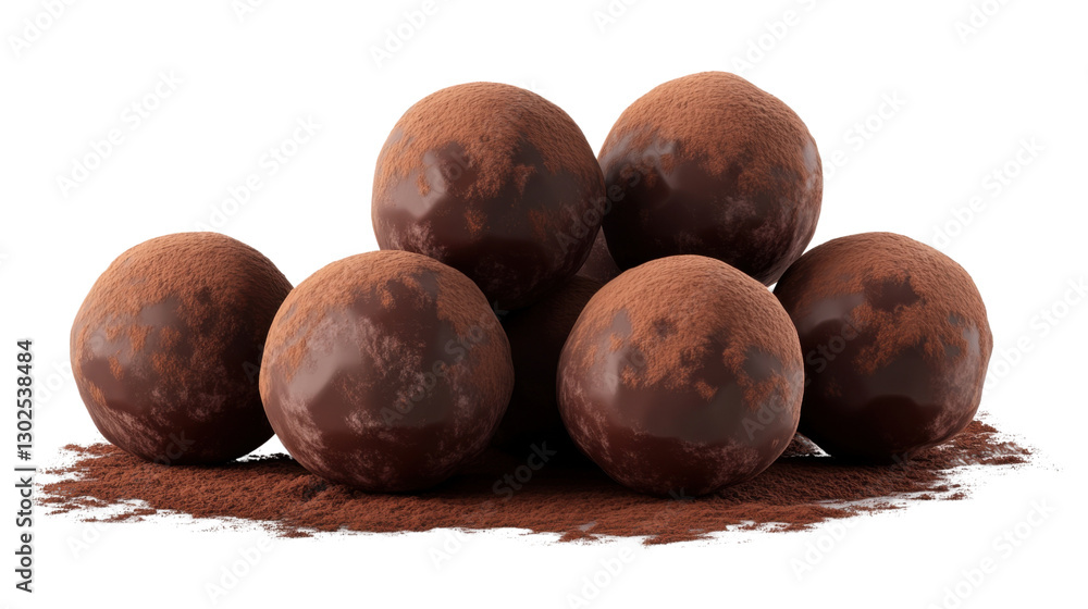 Obraz premium A pile of chocolate truffles with a shiny coating and a dusting of cocoa powder, isolated on a transparent background, showcasing their decadent and indulgent appearance.
