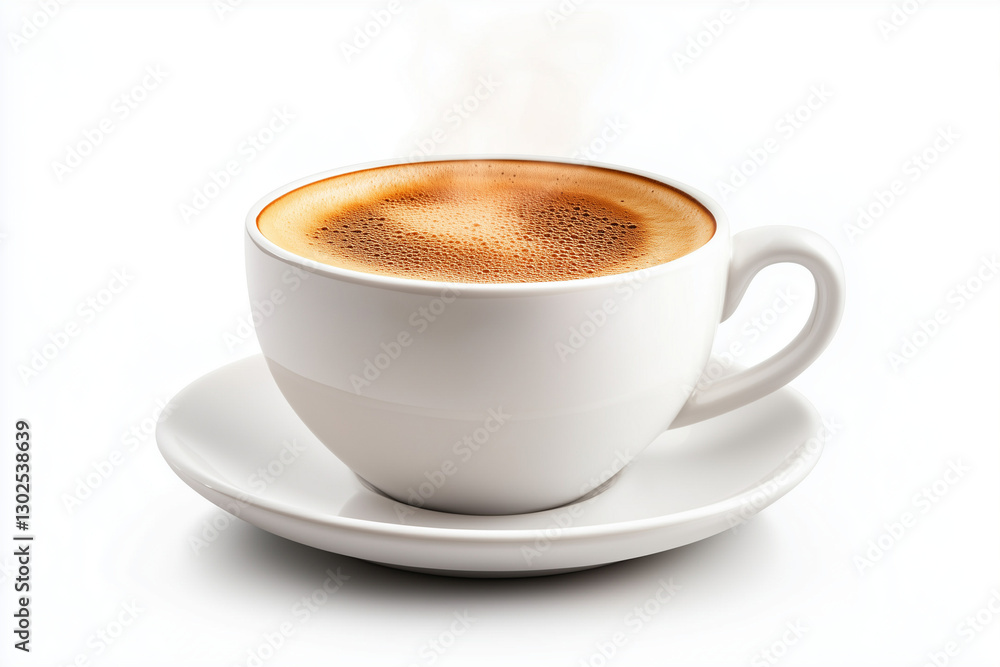 Steaming hot coffee is presented in a white cup on a saucer, showcasing a rich layer of crema. The bright background emphasizes the warmth and richness of the beverage. Steaming hot coffee is presented in a white cup on a saucer, showcasing a rich layer of crema. The bright background emphasizes the warmth and richness of the beverage.