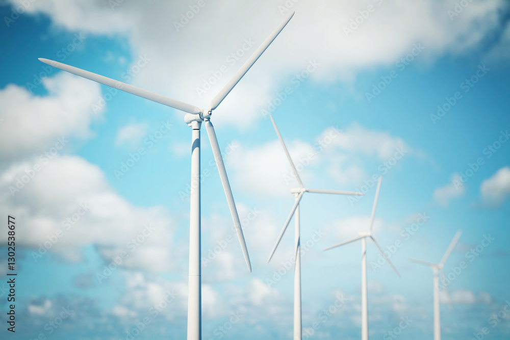 Wind turbines generating renewable energy against a bright blue sky with scattered clouds. Wind turbines generating renewable energy against a bright blue sky with scattered clouds.
