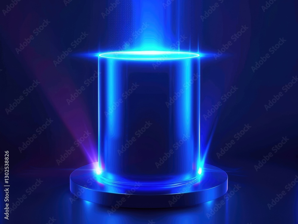 Futuristic glowing blue cylinder on a circular base with radiant light effects in a dark background, ideal for tech visuals Futuristic glowing blue cylinder on a circular base with radiant light effects in a dark background, ideal for tech visuals