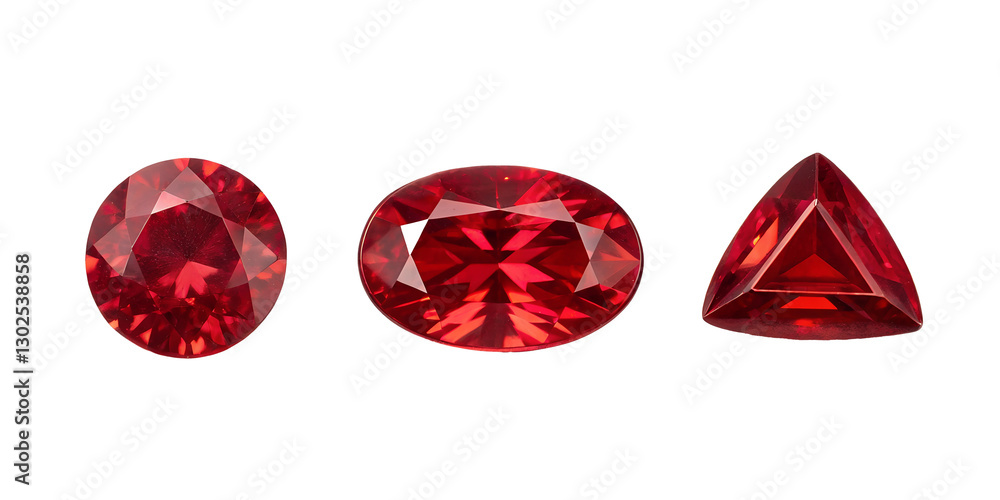 Fototapeta premium Three Different Style Red Gem Stones on White, Sparkling Red Gemstones, Beautiful Ruby Gems on White Background, PNG Transparent