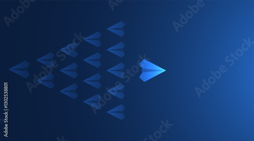 Leadership and think differently concepts with paper airplanes. Paper planes flying in the futuristic dark blue sky. Leadership director for new ideas. Business concept. Vector illustration.