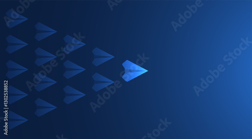 Leadership and think differently concepts with paper airplanes. Paper planes flying in the futuristic dark blue sky. Leadership director for new ideas. Business concept. Vector illustration.