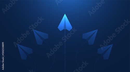 Leadership and think differently concepts with paper airplanes. Paper planes flying in the futuristic dark blue sky. Leadership director for new ideas. Business concept. Vector illustration.