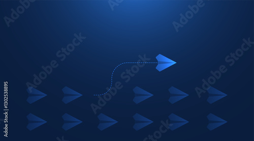 Leadership and think differently concepts with paper airplanes. Paper planes flying in the futuristic dark blue sky. Leadership director for new ideas. Business concept. Vector illustration.